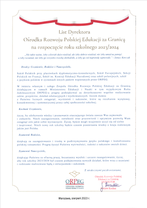 List Dyrektora ORPEG na rozpoczęcie roku szkolnego 2023/2024